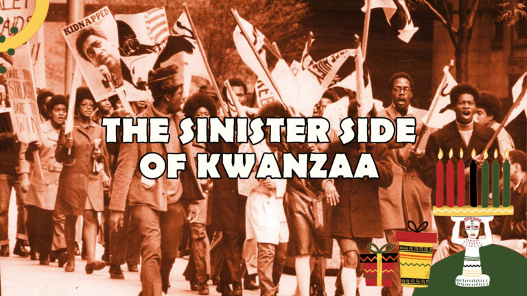 Black Panthers march through the streets of California. The image is tinted orange with the text "The sinister side of kwanzaa" in the center